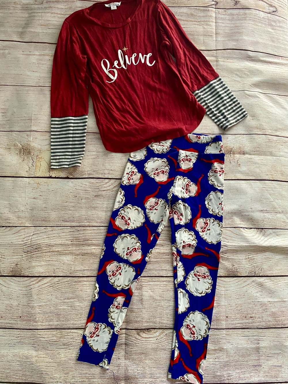 Boutique Red 'Believe' Top with Lula Roe Blue Santa Face Leggings